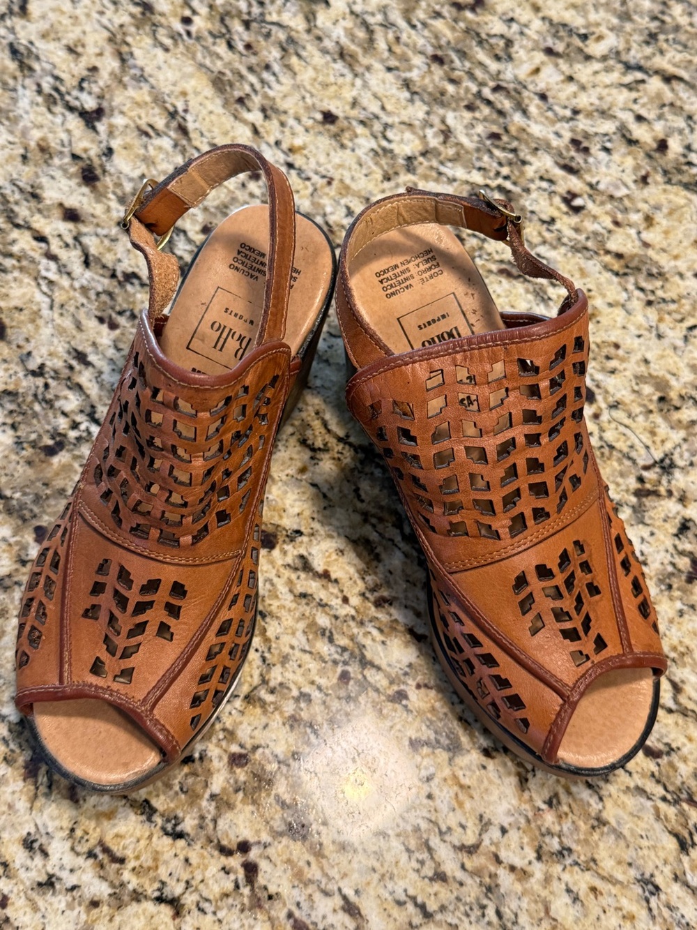 BoHo Imports brown leather chunky heel open toe sandals sling back cutouts